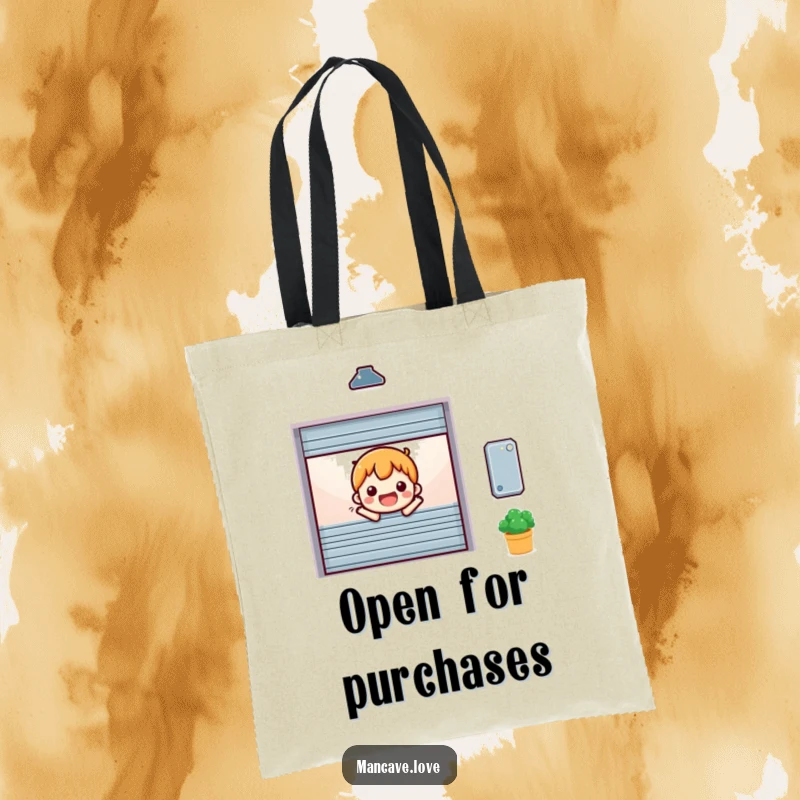Funny miniature garage door character opening cheerfully, printed on a durable and versatile tote bag.