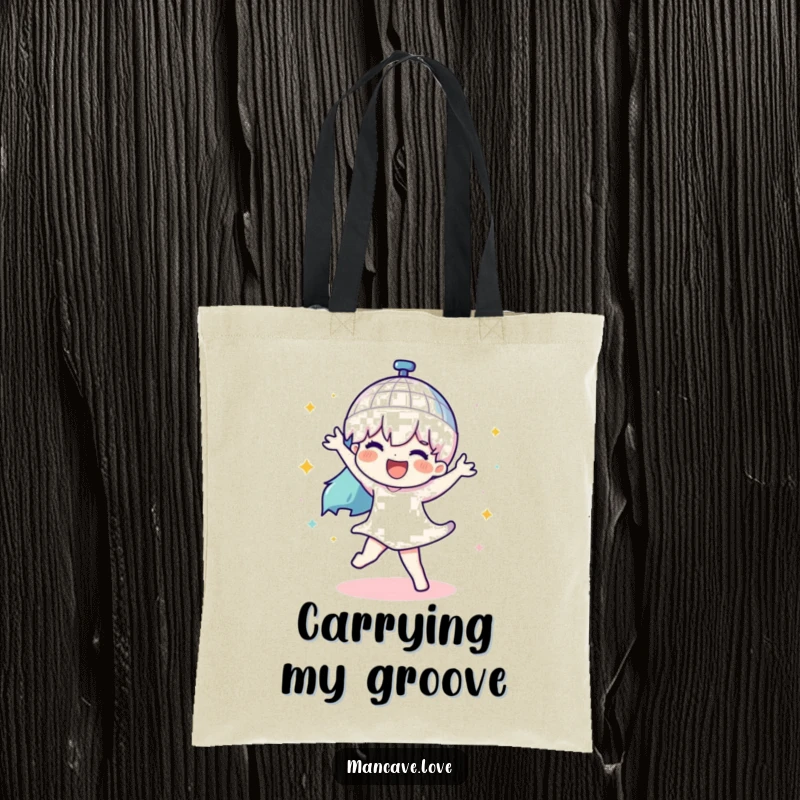 Funny tote bag with a character dancing and a spinning disco ball, ideal for carrying party essentials with humor.