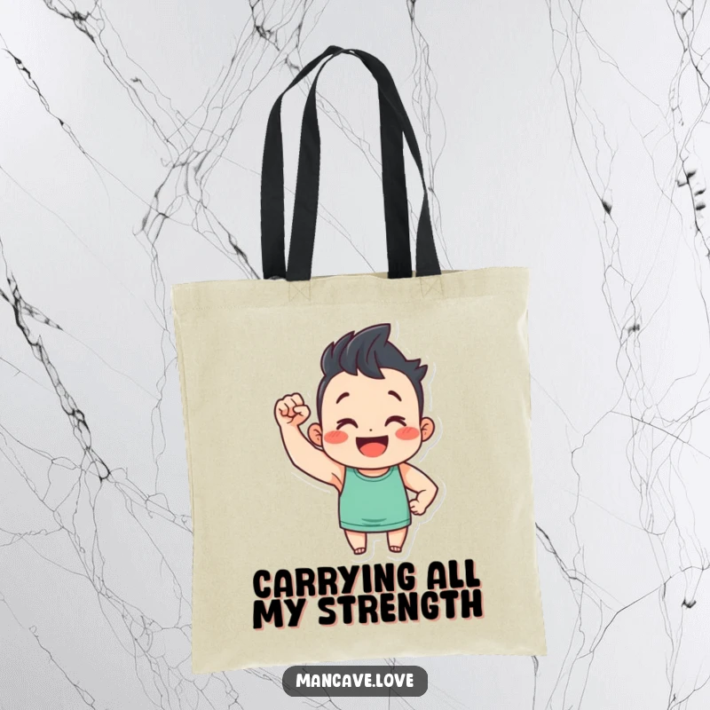 Funny tote bag featuring a smiling character flexing a tiny bicep, perfect for gym gear or everyday use with a humorous twist.