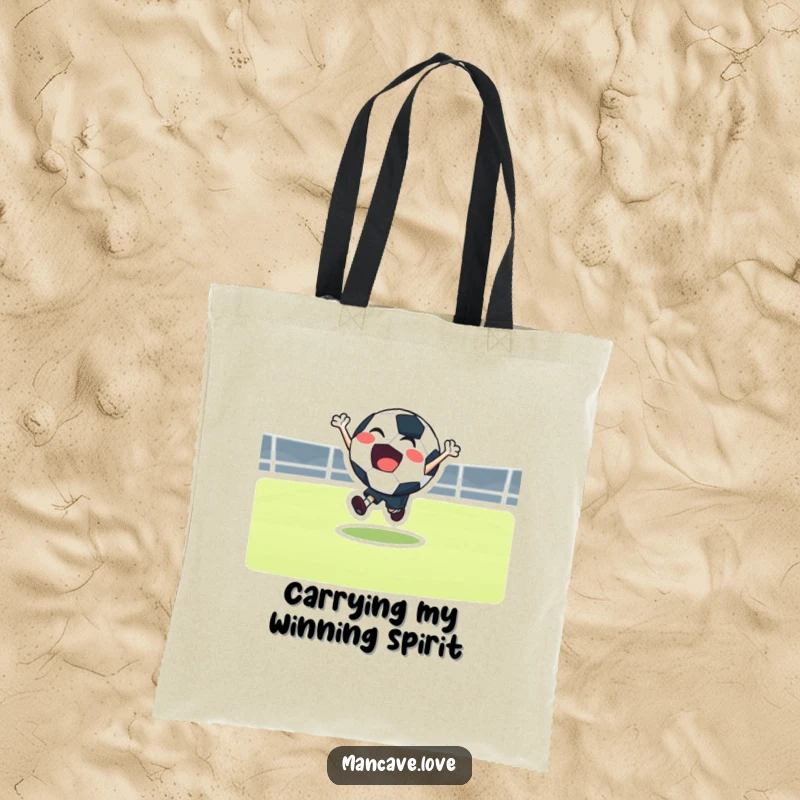 Funny football bounce tote bag with a joyful character mid-bounce, perfect for carrying sports gear.