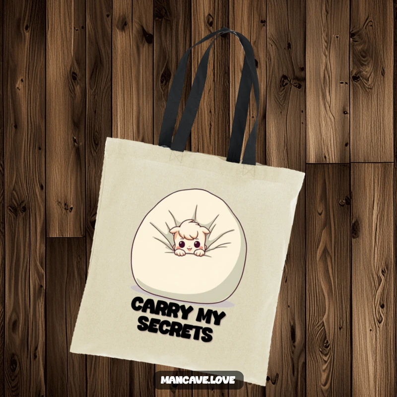Funny mischievous character tote bag, peeking from behind a giant beanbag chair, humorous and practical accessory.