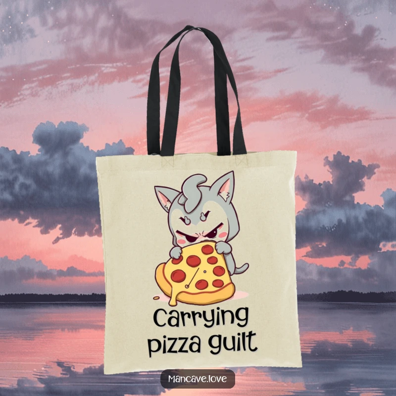Funny tote bag showcasing a mischievous character sneaking a giant slice of pizza, perfect for a humorous and functional accessory.