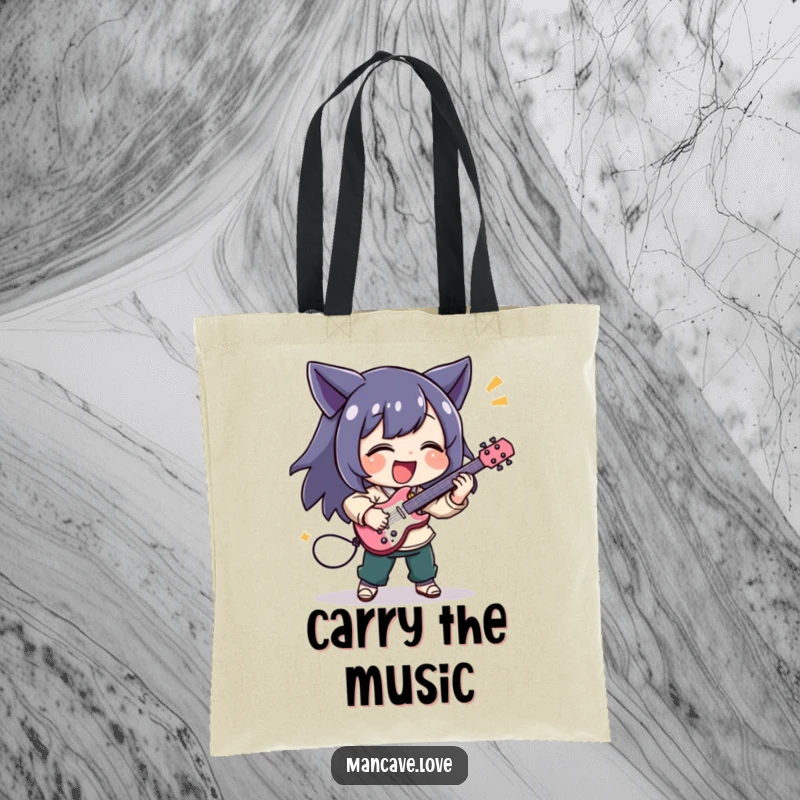 Funny tote bag featuring a character joyfully playing a tiny air guitar with excitement, perfect for music lovers.
