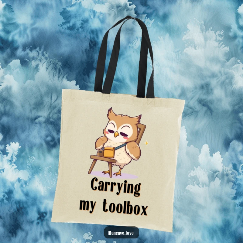 Funny Owl Tote Bag: A cute owl in a tool belt comically tackles a wobbly chair repair, showcasing a humorous daily adventure.