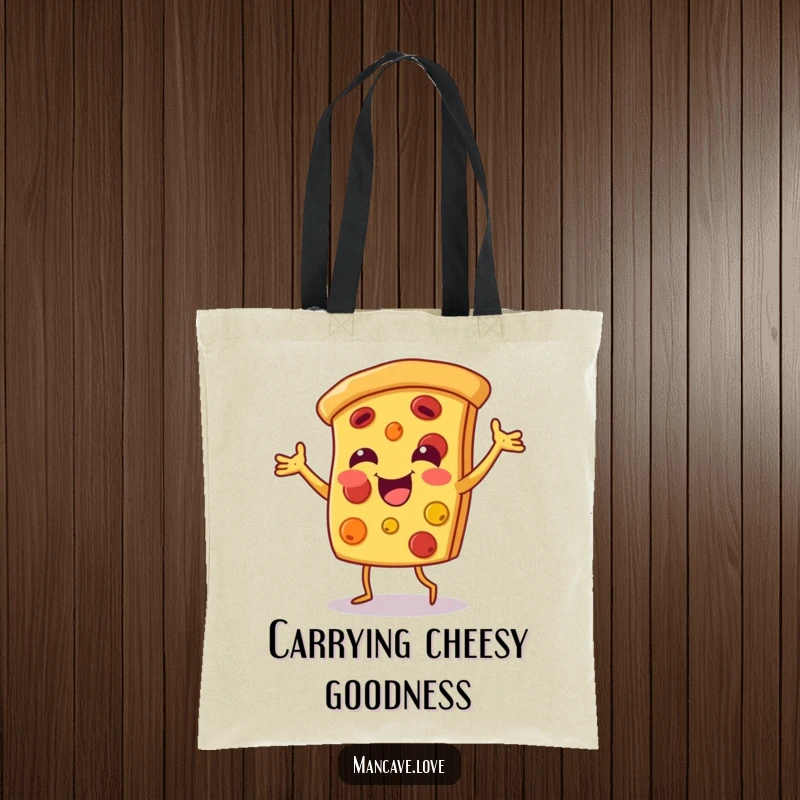 Funny pizza dance tote bag featuring a smiling pizza slice character dancing happily, great for carrying groceries.