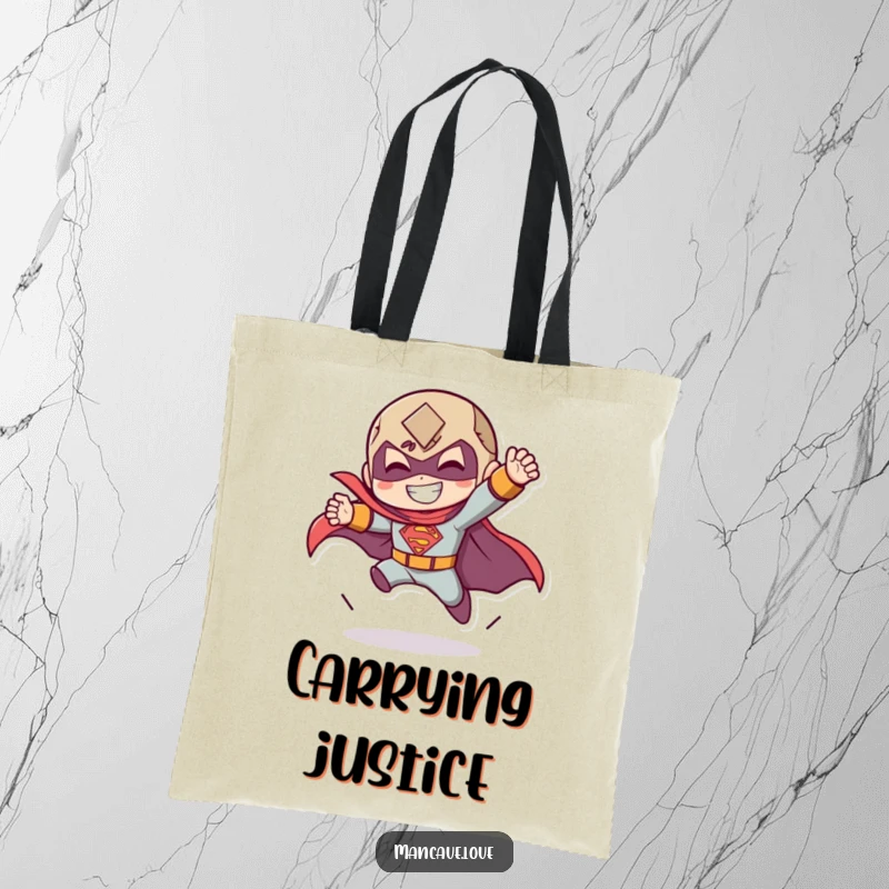 Funny tote bag featuring a character doing a dramatic superhero landing with a grin, perfect for carrying essentials.