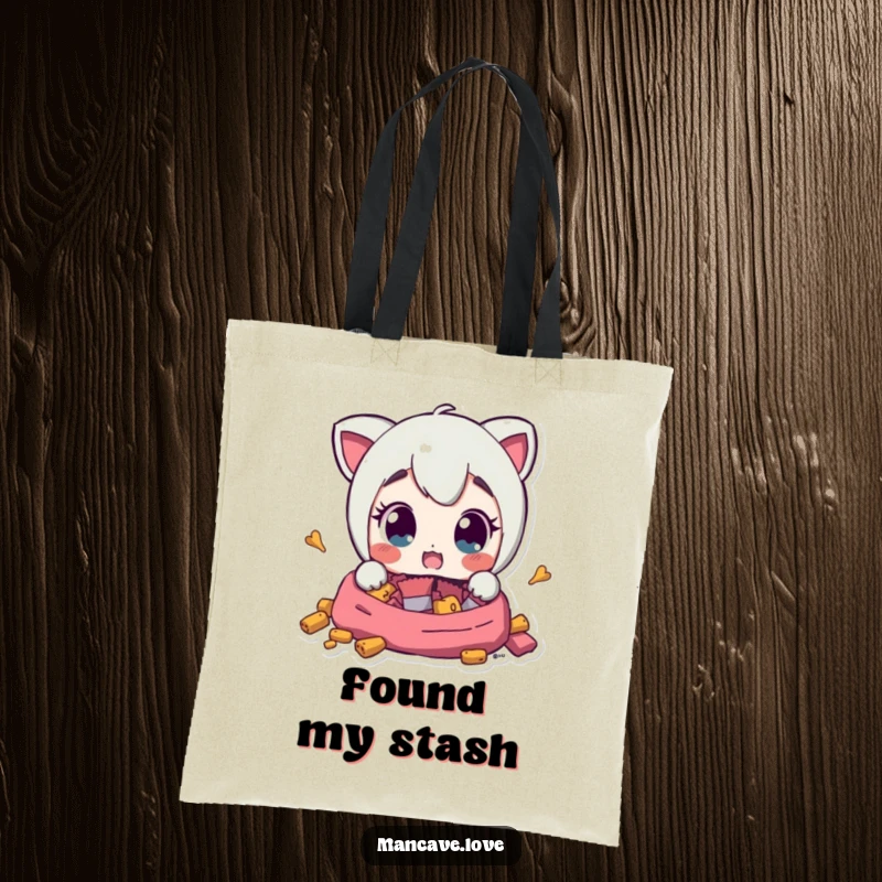 Funny Tote Bag shows a character with wide, surprised eyes finding a stash of snacks, bringing a humorous element of treasure hunting.