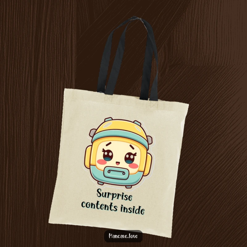 Funny mini toolbox character with a surprised expression, printed on a durable and versatile tote bag.