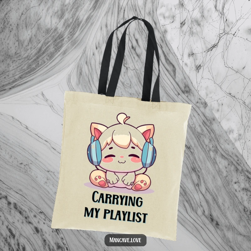 Funny Tote Bag: A character relaxing with oversized headphones, perfect for carrying music gear or daily items, a humorous funny gift.