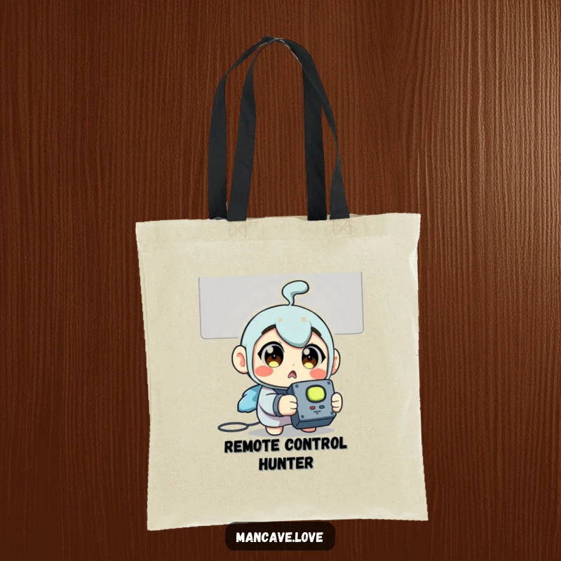 Funny Tote Bag: A surprised character holding a TV remote, symbolizing the quest for entertainment and channel control.