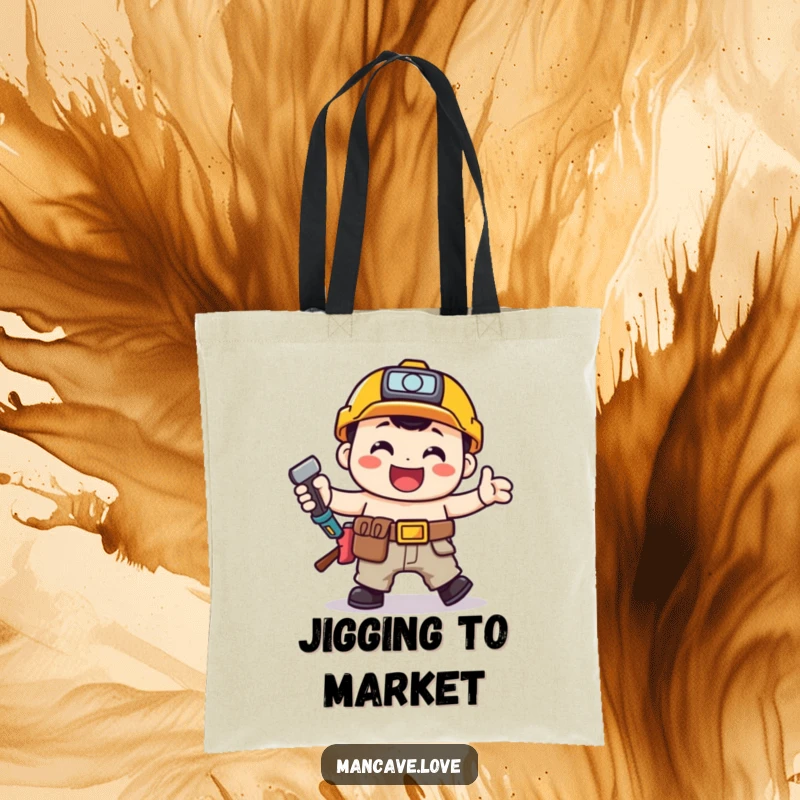 Funny toolbelt character doing a happy jig, printed on a durable and versatile tote bag.