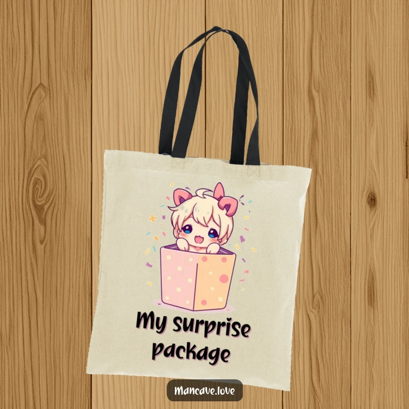 Funny tote bag with a character bursting from a gift box with confetti, ideal for carrying essentials with a celebratory flair.