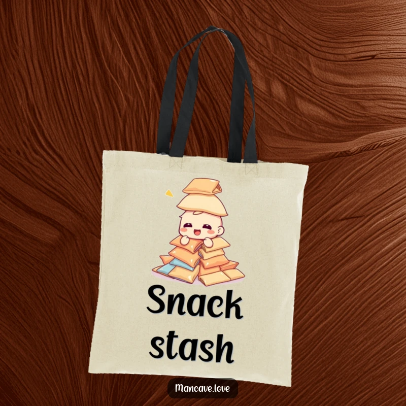 Funny giggling character tote bag, attempting to build a tower of snack bags, humorous and practical accessory.